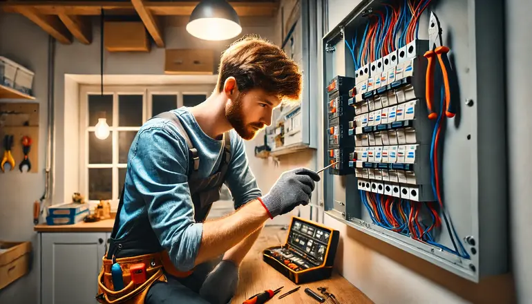 Electrician repairing a circuit breaker in a residential panel